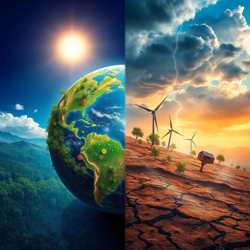 A powerful depiction of climate change, featuring a stark contrast between a thriving, vibrant Earth on one side and a desolate, barren landscape on the other