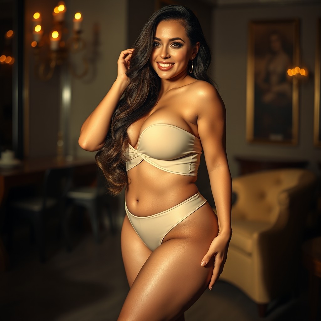 A voluptuous woman with curvaceous body, radiating confidence and allure, standing in a luxurious, softly lit setting with elegant decor