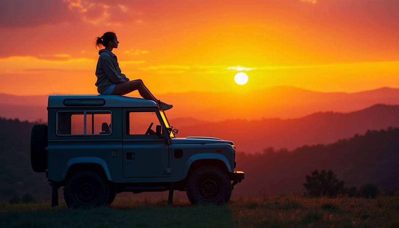 A breathtaking sunset scene with a woman sitting atop the roof of a rugged vehicle