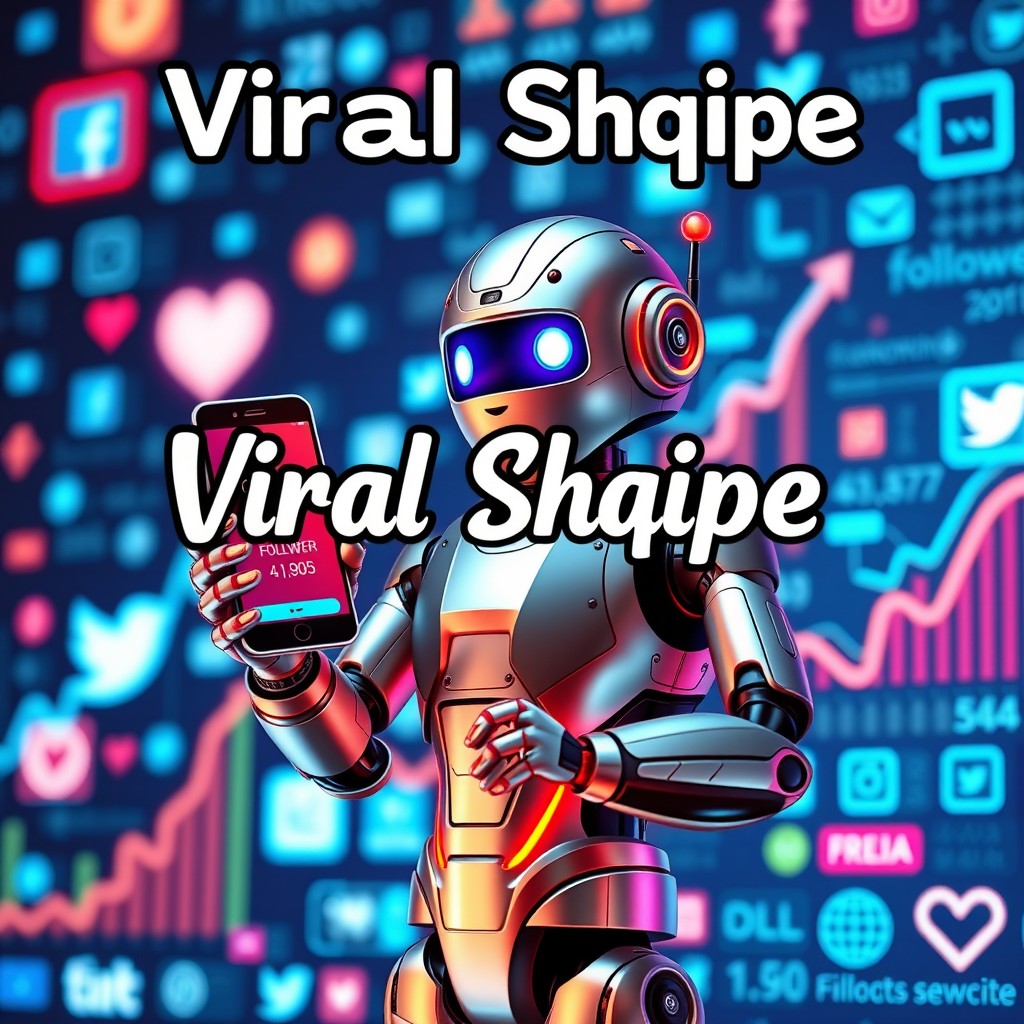 A futuristic robot designed for social media marketing, holding a smartphone showcasing follower count spikes