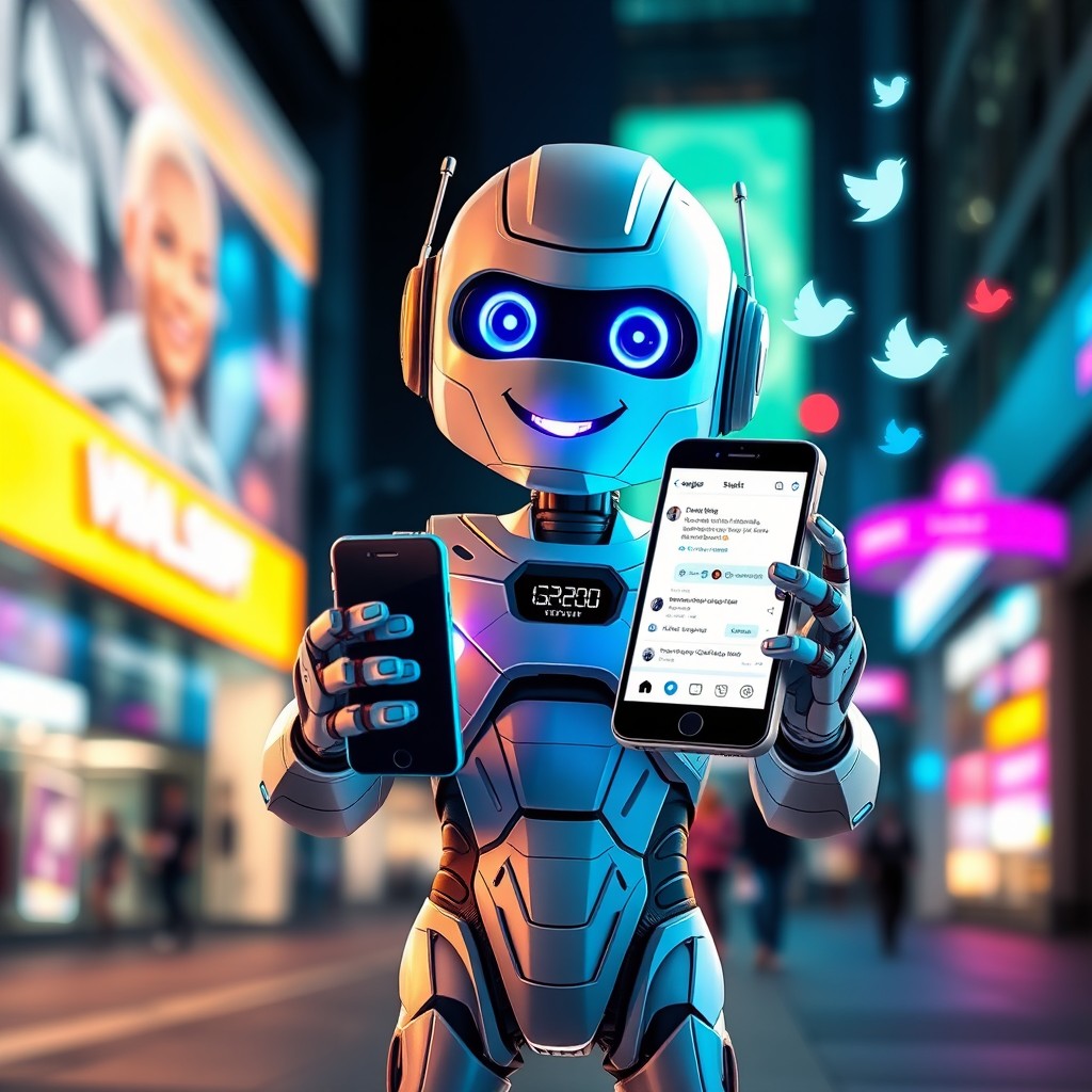 A futuristic robot character designed to look appealing and tech-savvy, advertising a social media service called 'Viral Shqipe'