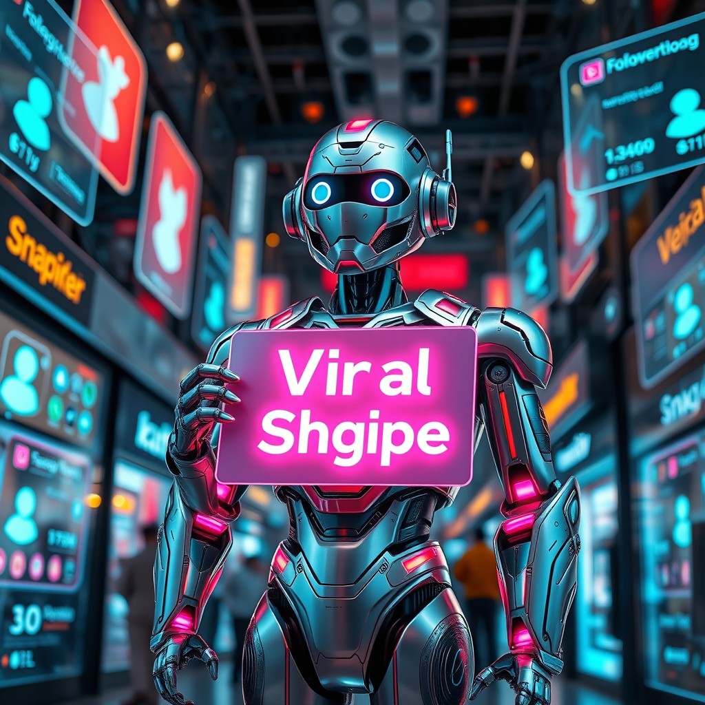 A futuristic robot standing proudly, holding a glowing sign that reads 'Viral Shqipe'