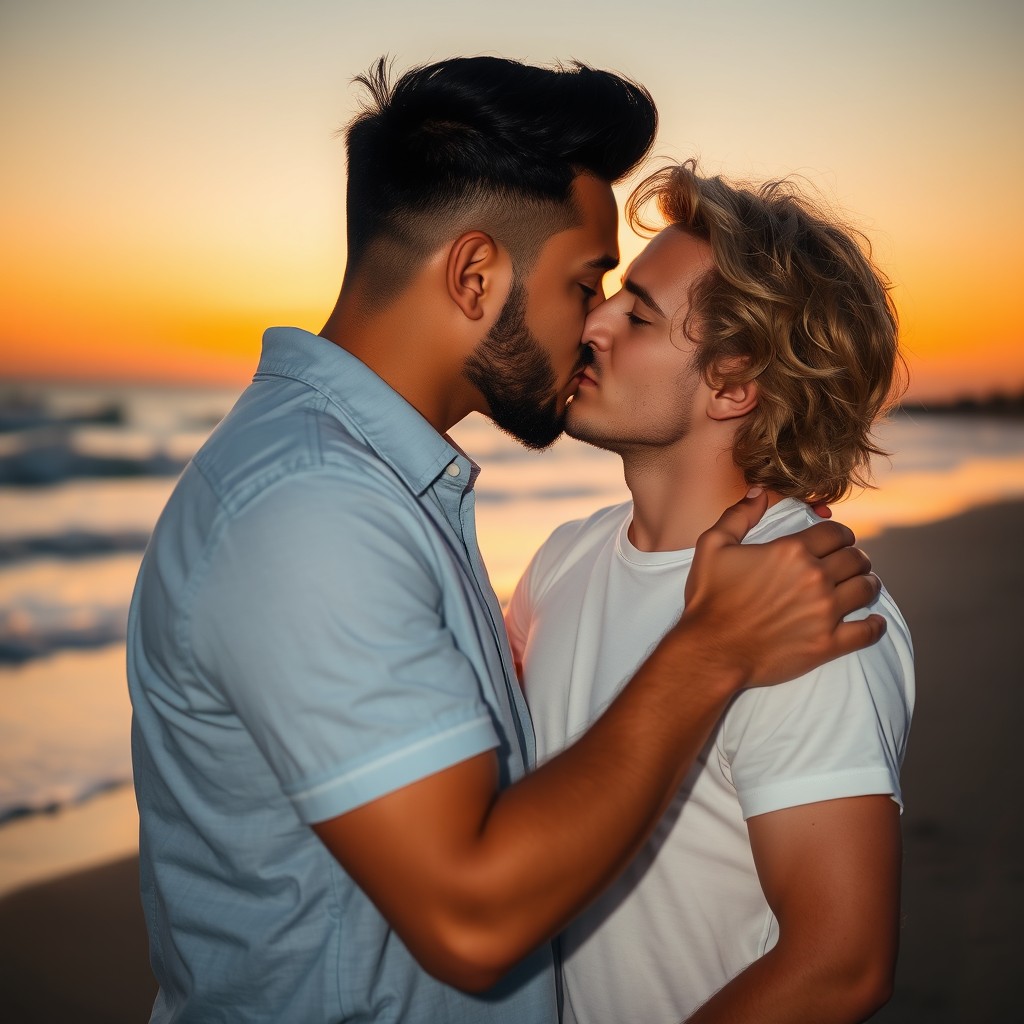 A tender scene capturing two men sharing a romantic kiss, set against a beautiful sunset backdrop