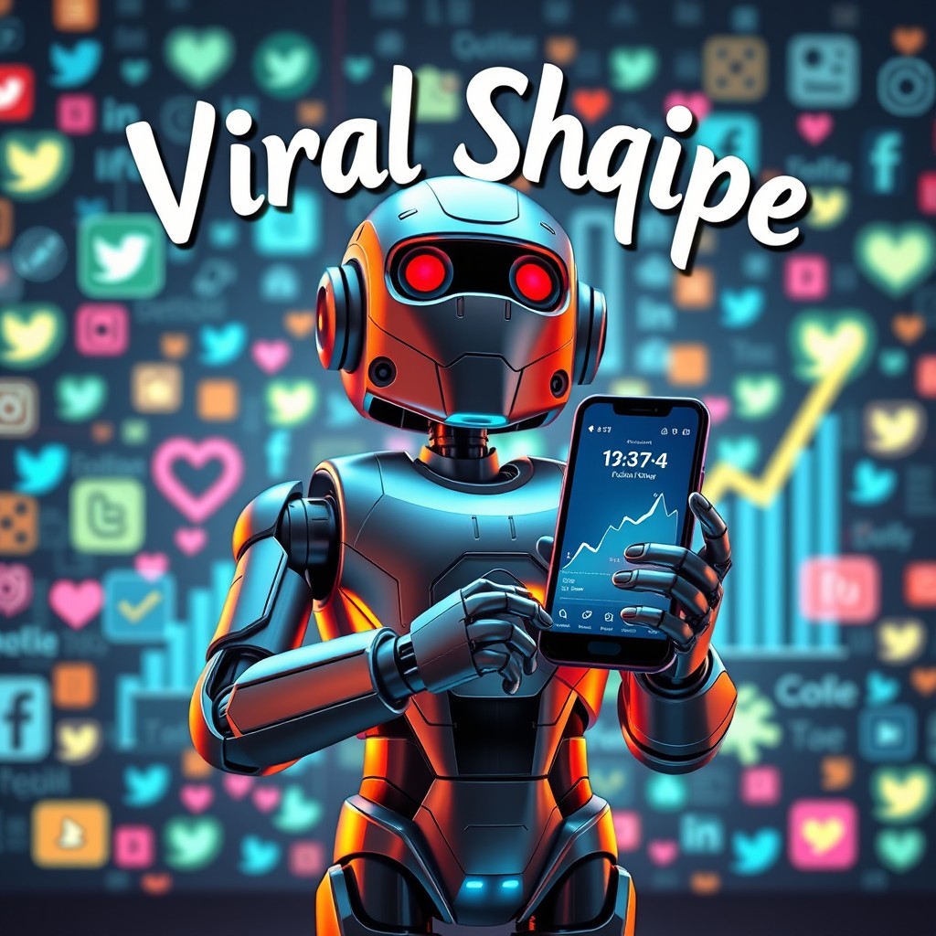 A futuristic robot designed for social media marketing, holding a smartphone showcasing follower count spikes