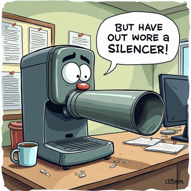 A humorous satire cartoon depicting a modern coffee machine sitting on a counter in a typical office environment