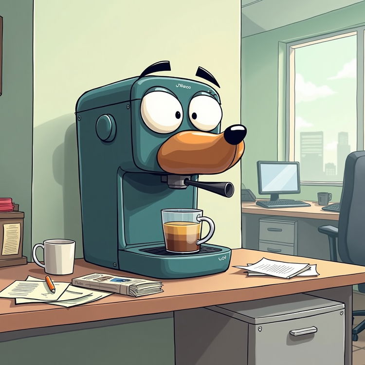 A humorous satire cartoon depicting a modern coffee machine sitting on a counter in a typical office environment