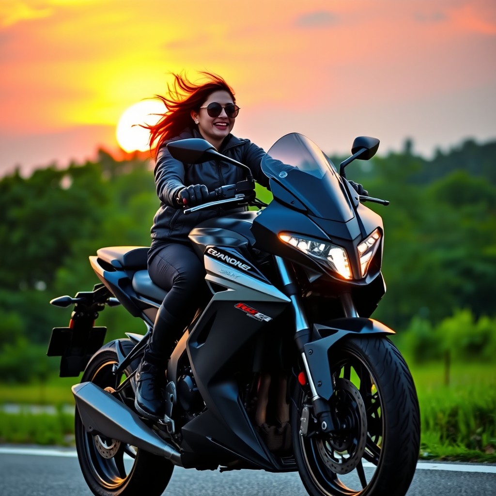 A person joyfully riding a sleek motorcycle, dressed in stylish protective gear, with a vibrant sunset in the background, the wind blowing through their hair, the motorcycle glistening in the evening light, showcasing a modern design, with sharp lines and a glossy finish