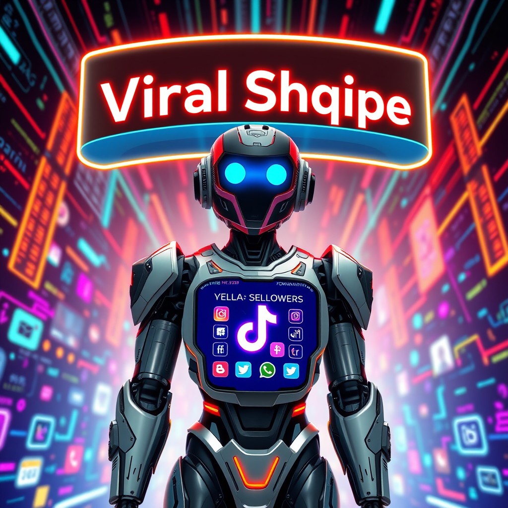 A futuristic robot designed for social media marketing, showcasing the process of selling followers