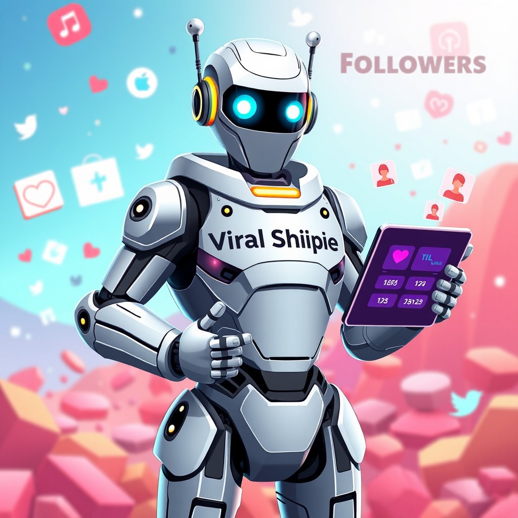 A stylized futuristic robot promoting a social media service for selling followers, featuring the name 'Viral Shqipe' etched into its metallic body