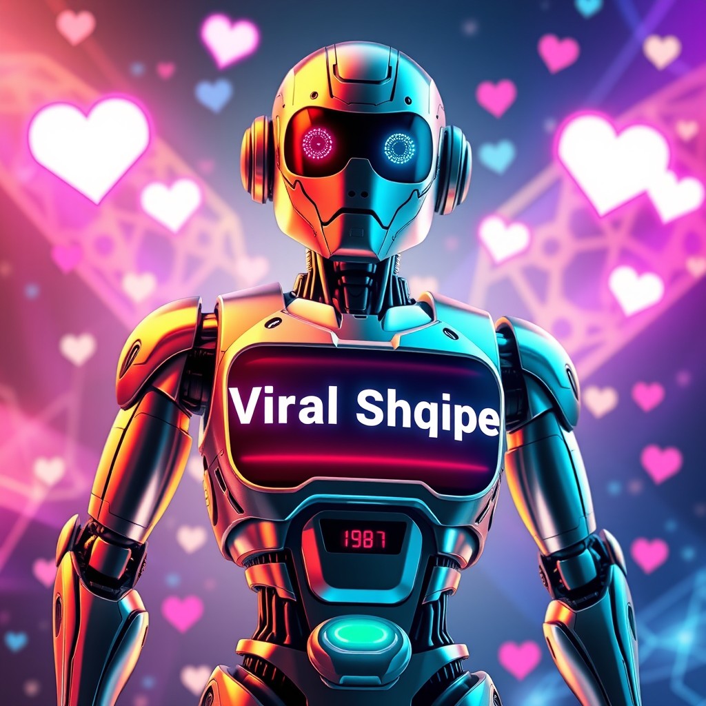 A modern, sleek robot designed for promoting social media growth services, specifically for selling followers, with the prominent name 'Viral Shqipe' displayed on its chest in a futuristic font
