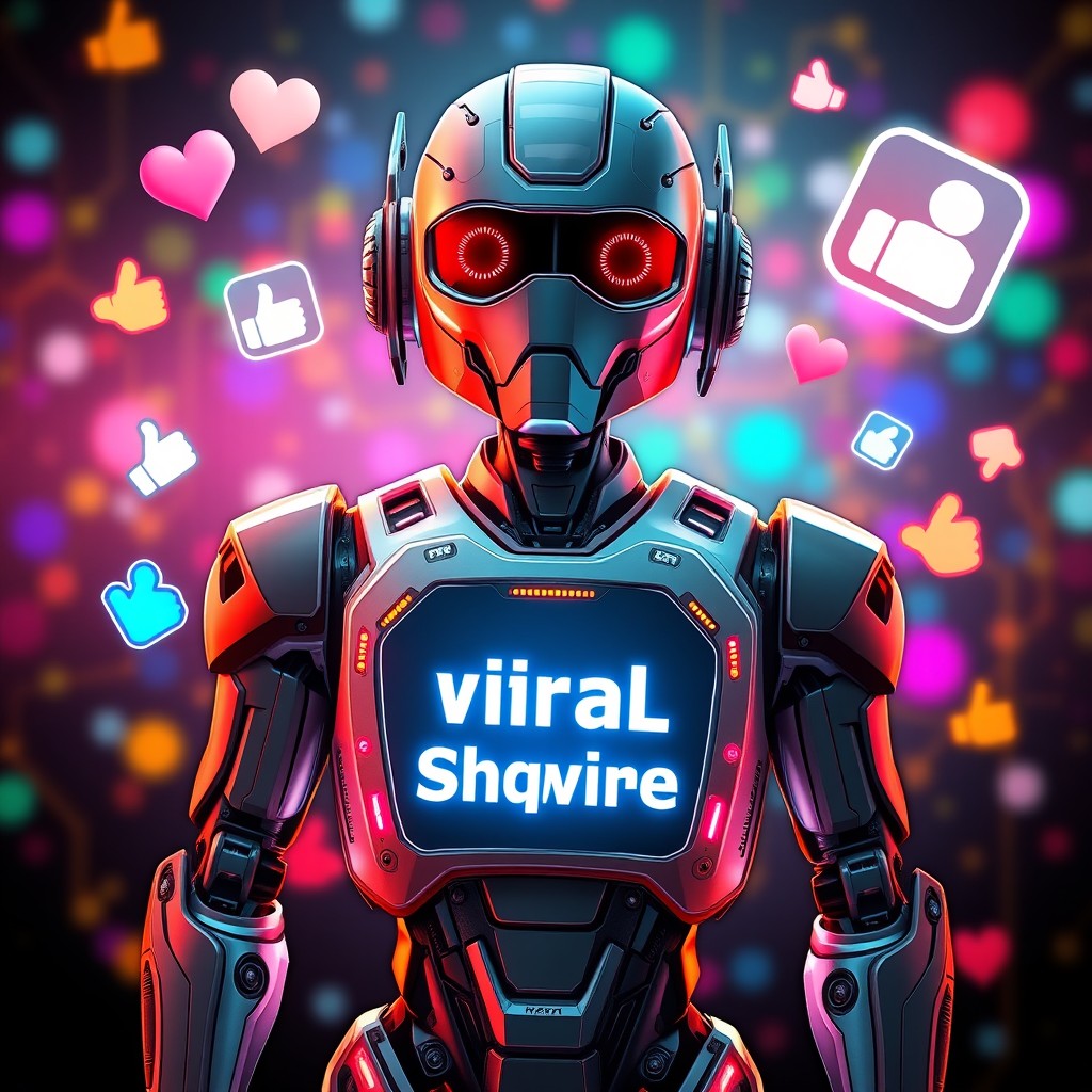A vibrant, futuristic robot created for the purpose of selling social media followers, prominently featuring the name 'Viral Shqipe' on its chest in a bold, modern font