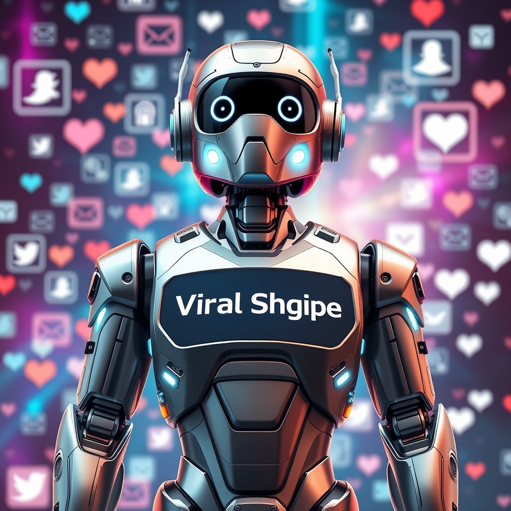 A futuristic robot designed for promoting social media follower sales, prominently featuring the name 'Viral Shqipe' displayed on its chest in a sleek, modern font