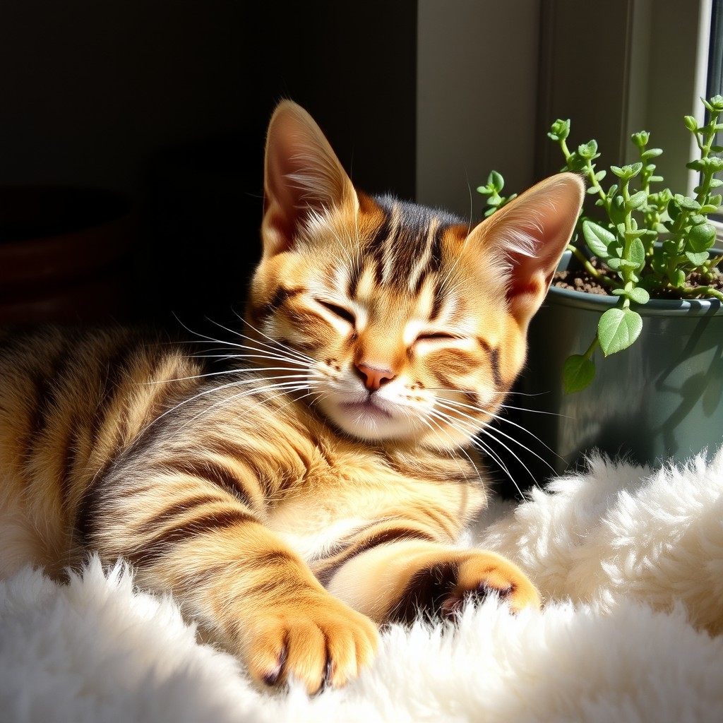 A cute tabby cat lounging in a cozy sunbeam, its fur glistening with golden highlights
