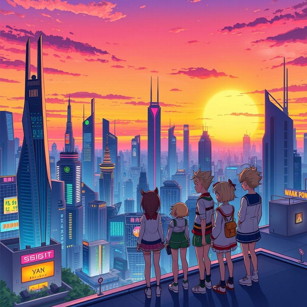 A vibrant anime-style illustration of a futuristic cityscape during sunset