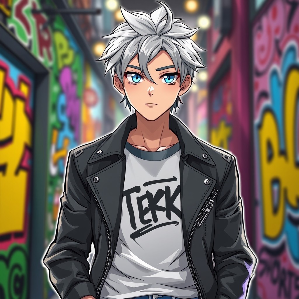 An anime-style illustration of a handsome young man with striking features and silver hair styled in a tousled look