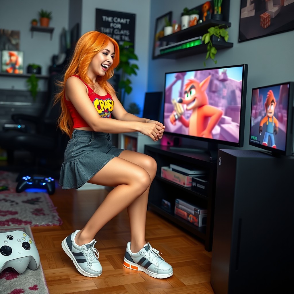 A young woman with vibrant orange hair, wearing a stylish miniskirt, showcasing her beautiful legs and sporty shoes