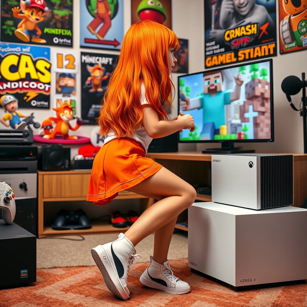 A girl with vibrant orange hair wearing a stylish mini skirt that showcases her lovely legs