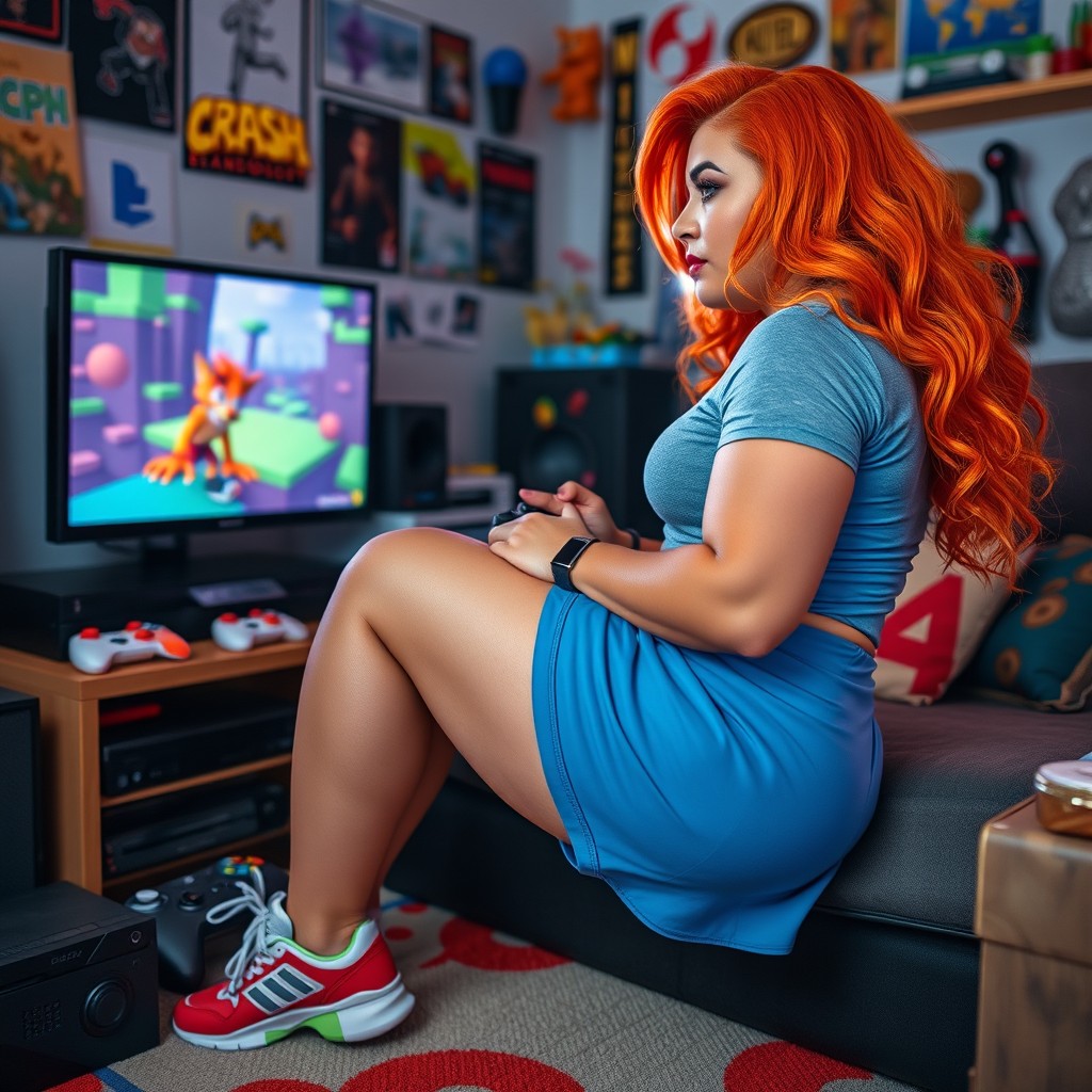A curvy woman with vibrant orange hair wearing a stylish mini skirt, showcasing her lovely legs and sporty shoes