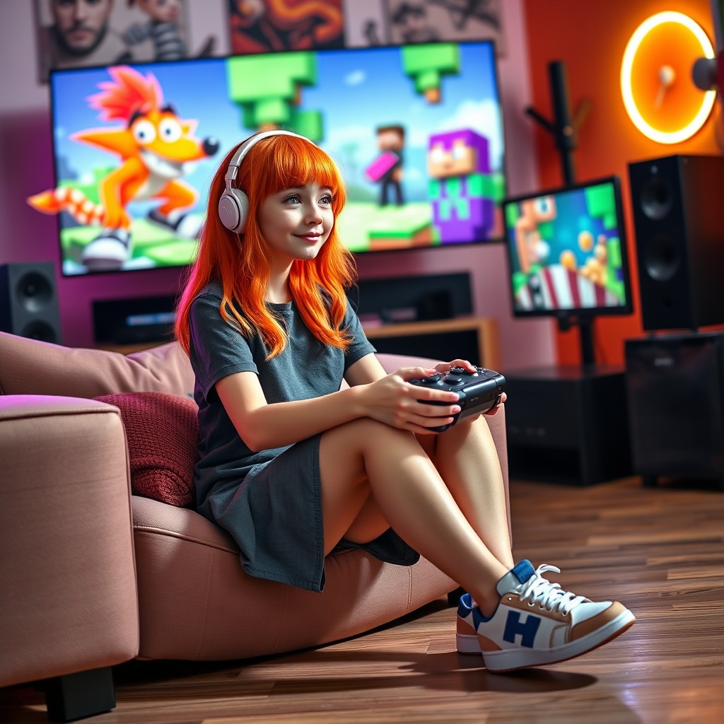 A beautiful Russian girl with vibrant orange hair, wearing a stylish miniskirt that showcases her lovely legs