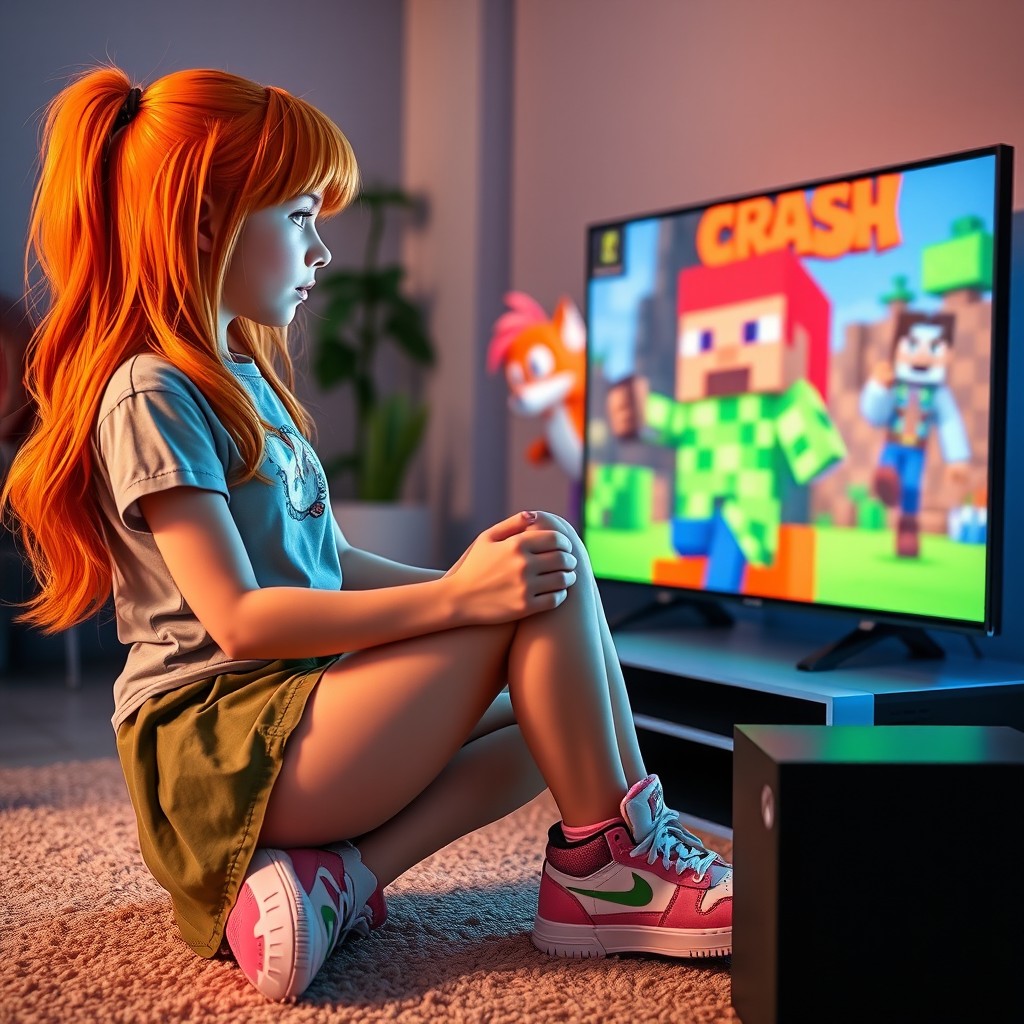 A girl with vibrant orange hair, wearing a stylish mini skirt that highlights her lovely legs and sporty shoes, sitting comfortably while playing Xbox Series X