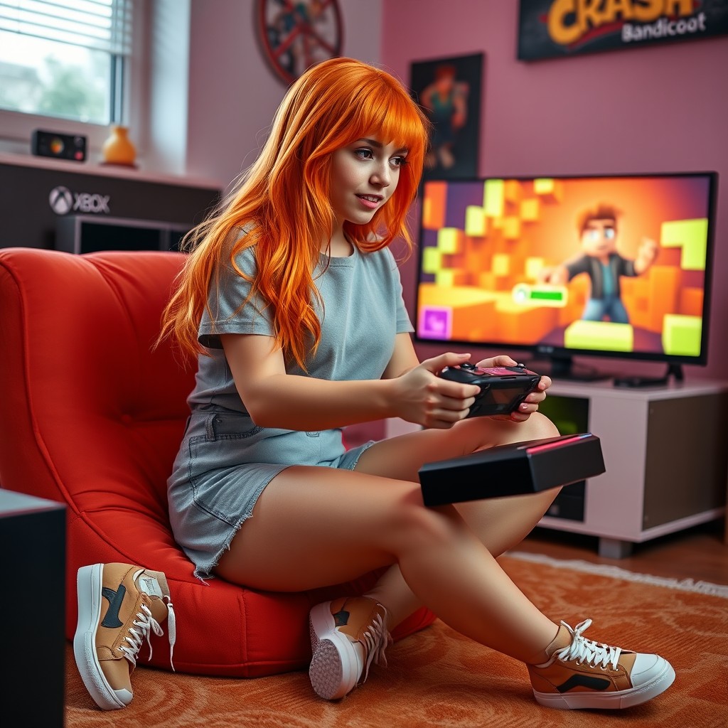 A beautiful Russian girl with bright orange hair, dressed in a trendy miniskirt that highlights her lovely legs and stylish sneakers
