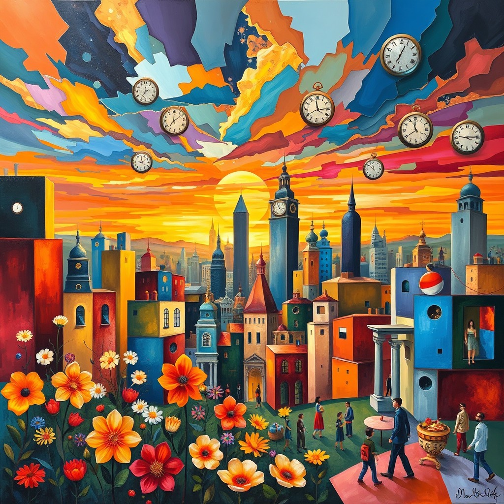 A unique painting that seamlessly combines various art styles including Impressionism, Cubism, and Surrealism