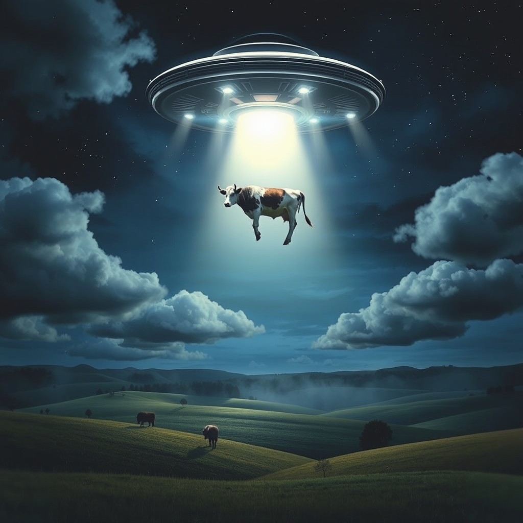 A dramatic scene featuring a UFO (Unidentified Flying Object) hovering in the night sky, with bright lights illuminating the surroundings as it abducts a cow