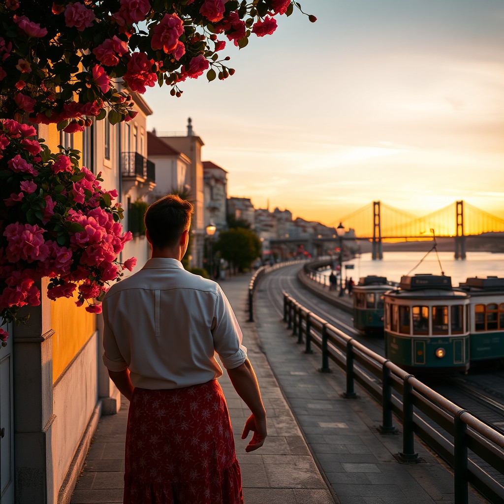 A romantic view of Lisbon at sunset, showcasing the beautiful skyline with the iconic 25 de Abril Bridge and the Tagus River