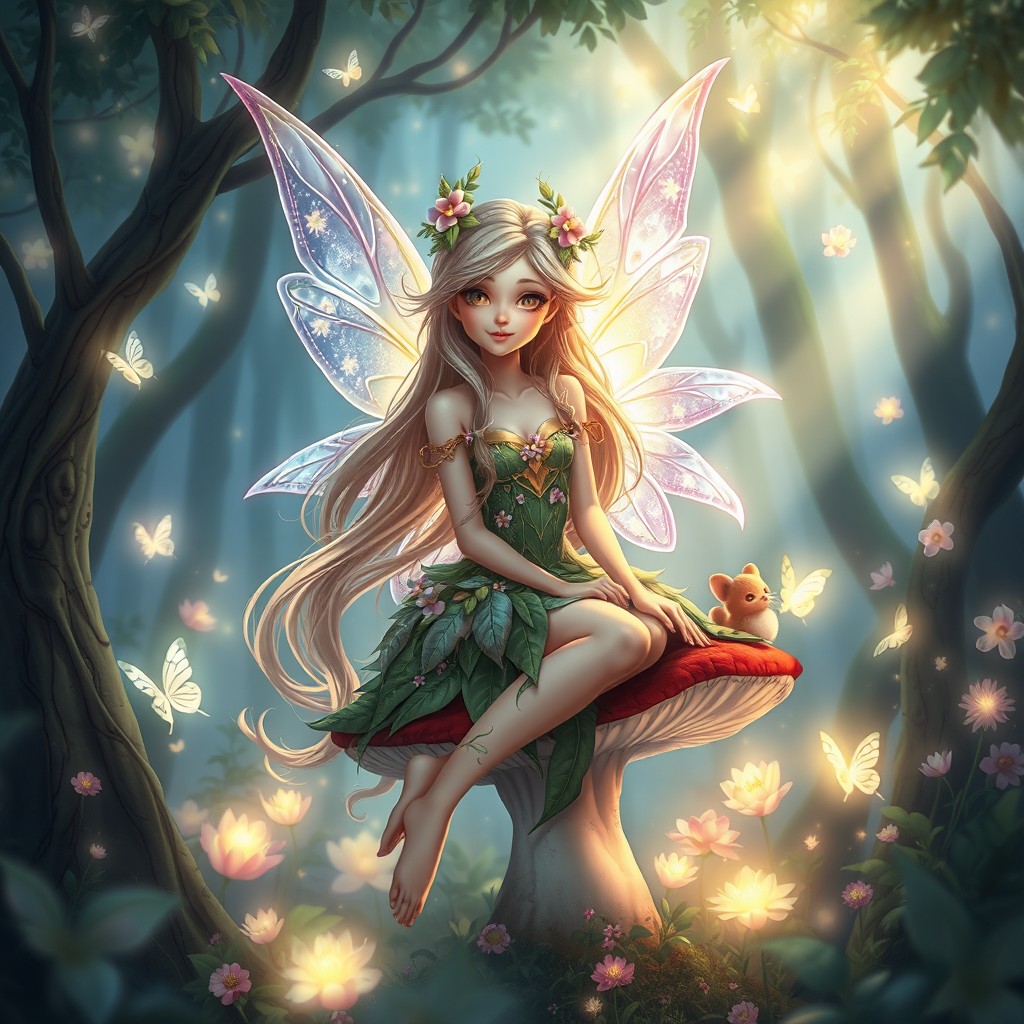 A stunning fairy character, with elegant wings that shimmer in various colors, set in a magical forest filled with glowing flowers and soft glowing lights