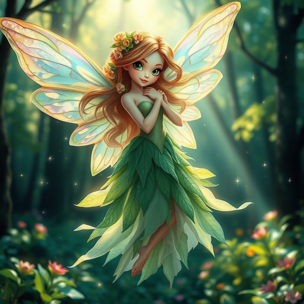 A stunning fairy with iridescent wings, wearing a flowing gown made of leaves and flowers