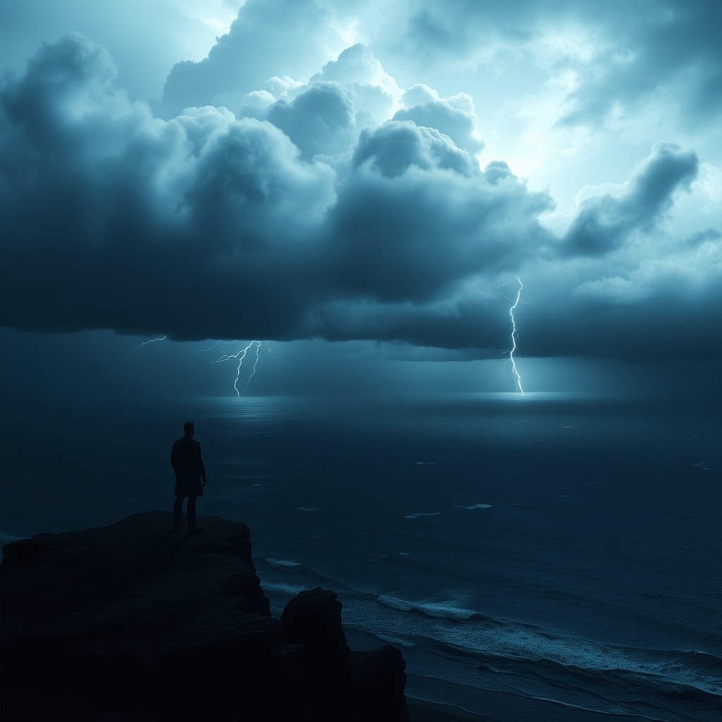 A dramatic and poetic interpretation of 'Between Silence and Thunder', depicting a vast landscape under a brooding sky