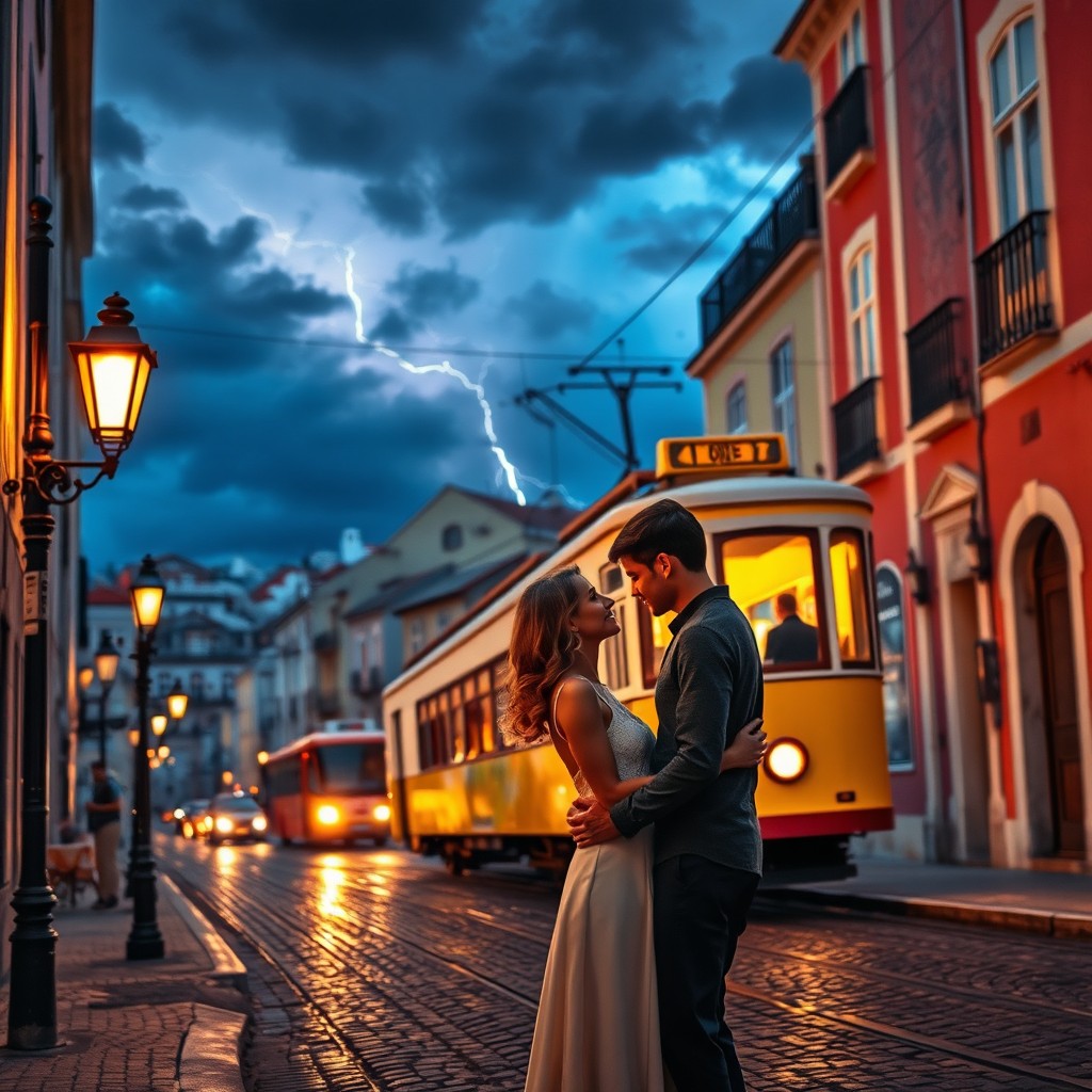 A beautiful romantic scene set in Lisbon at dusk, capturing the enchanting atmosphere between silence and thunder