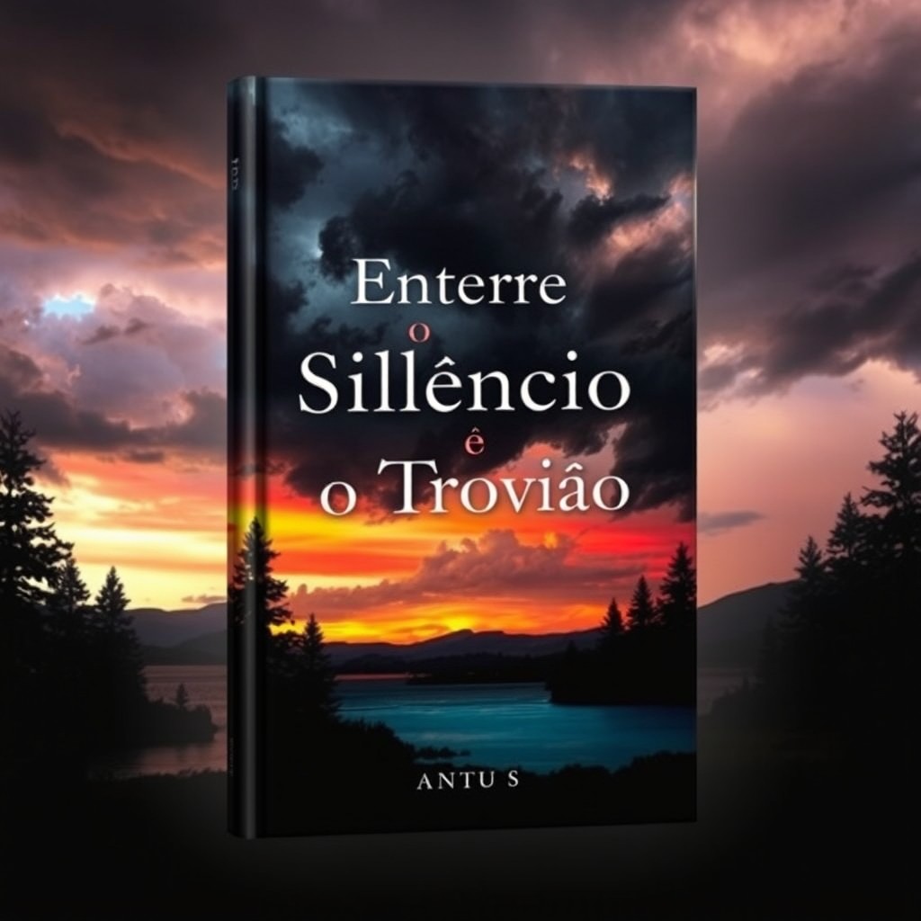 A captivating book cover for "Entre o Silêncio e o Trovão", featuring a serene landscape juxtaposed with a dramatic stormy sky