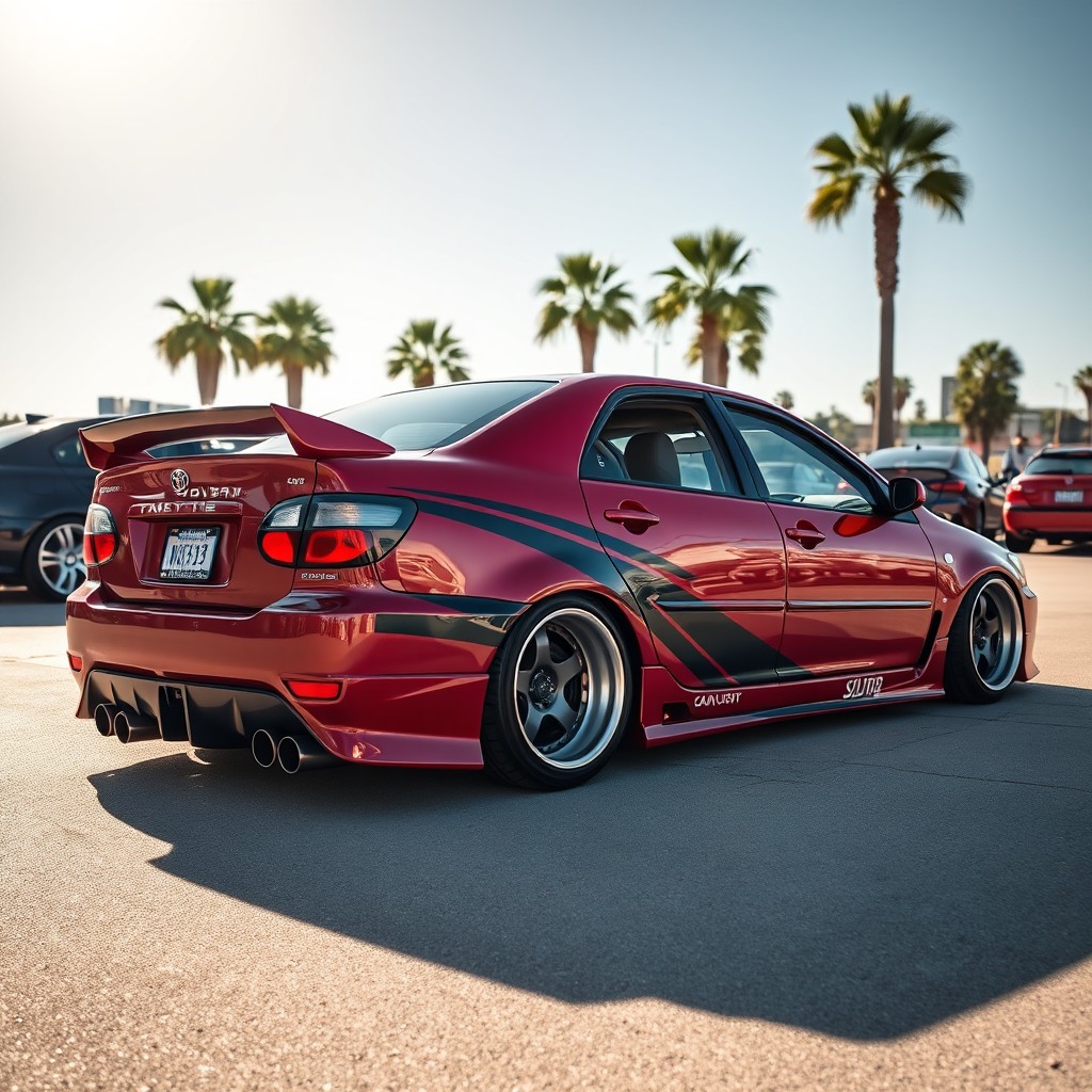 A modified Toyota Soluna parked under the bright sun, showcasing its sleek new body kit, lowered suspension, and custom alloy wheels