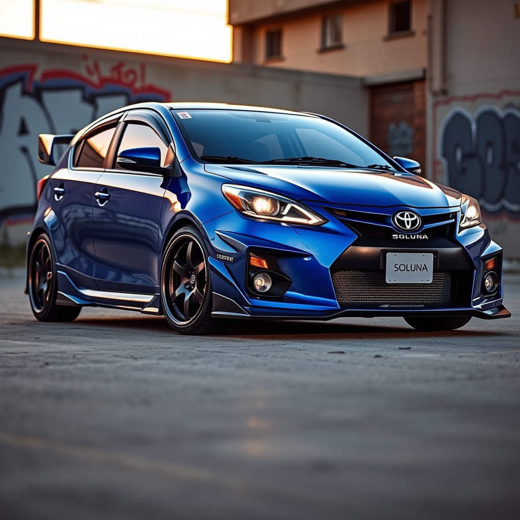 A modified Toyota Soluna, showcasing a sporty look with a vibrant blue paint job, custom body kit, aggressive front bumper, and a stylish rear spoiler