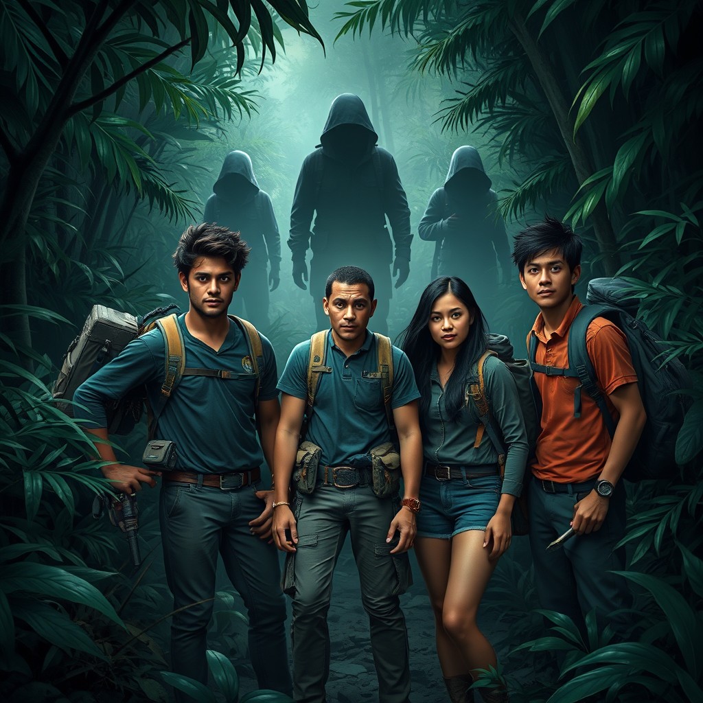 A dramatic scene depicting five university students: Joshep, Bella, Marcos, Sophia, and Michael, standing together in a lush, dark jungle environment