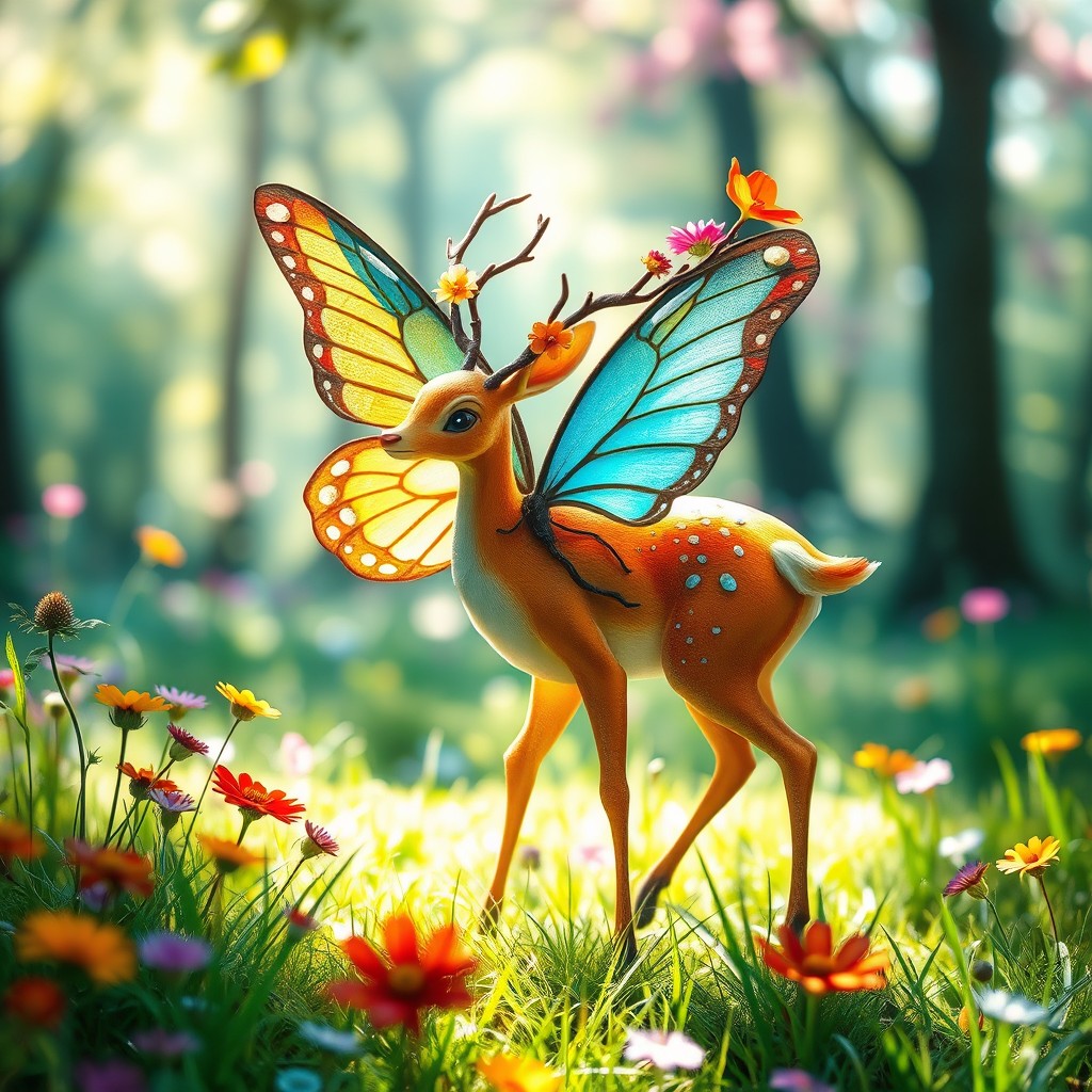 A whimsical and lush environment featuring a hybrid creature, blending characteristics of a deer and a butterfly
