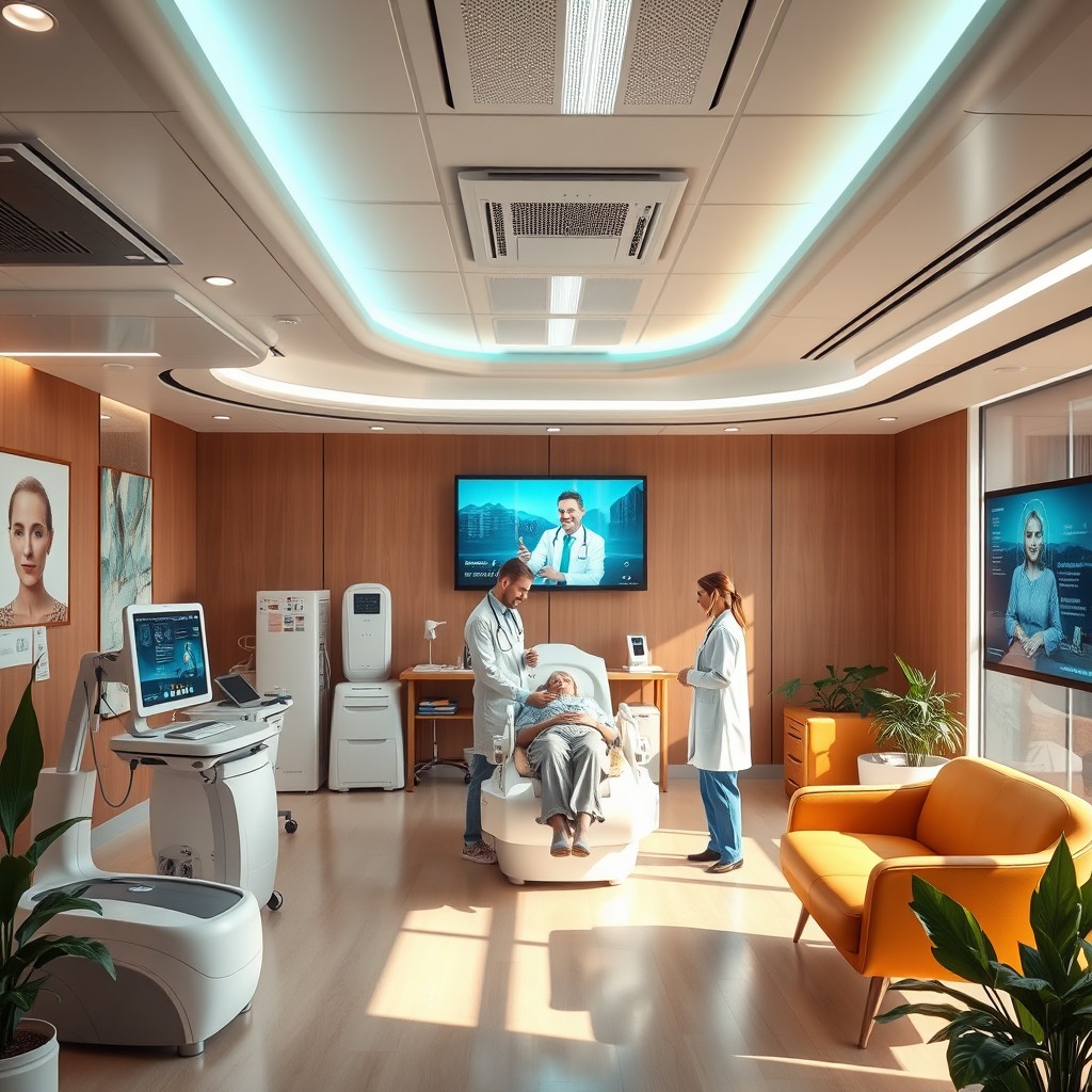 A futuristic healthcare facility designed for hybrid care, featuring advanced technology and warm, welcoming interiors
