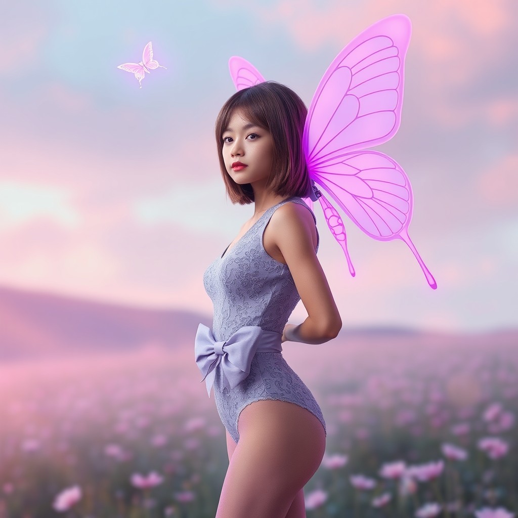A young woman with medium-short hair, dressed in a fitted lavender lace robotic bodysuit