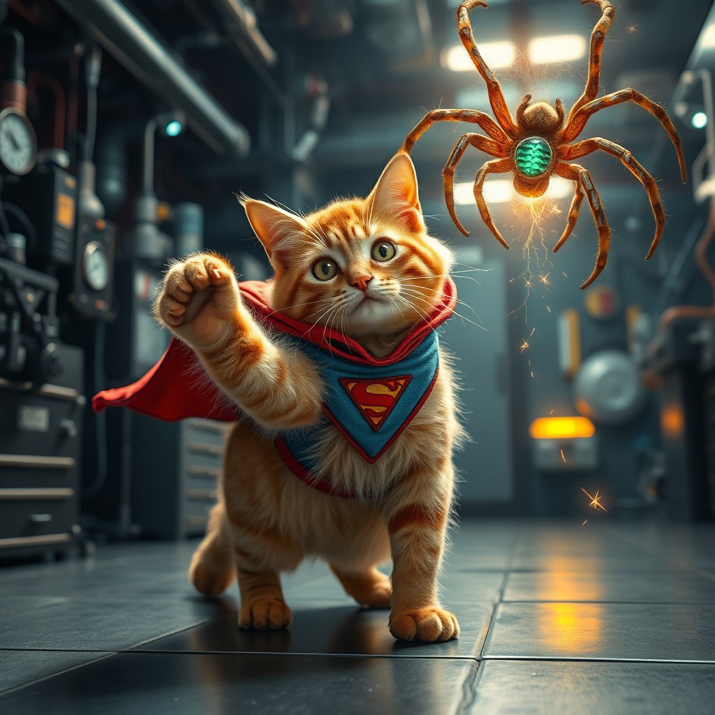 In a hidden laboratory filled with high-tech equipment and eerie lighting, a stray cat named Tigger, a scruffy orange tabby with curious green eyes, is pawing at a glowing spider with bioluminescent patterns
