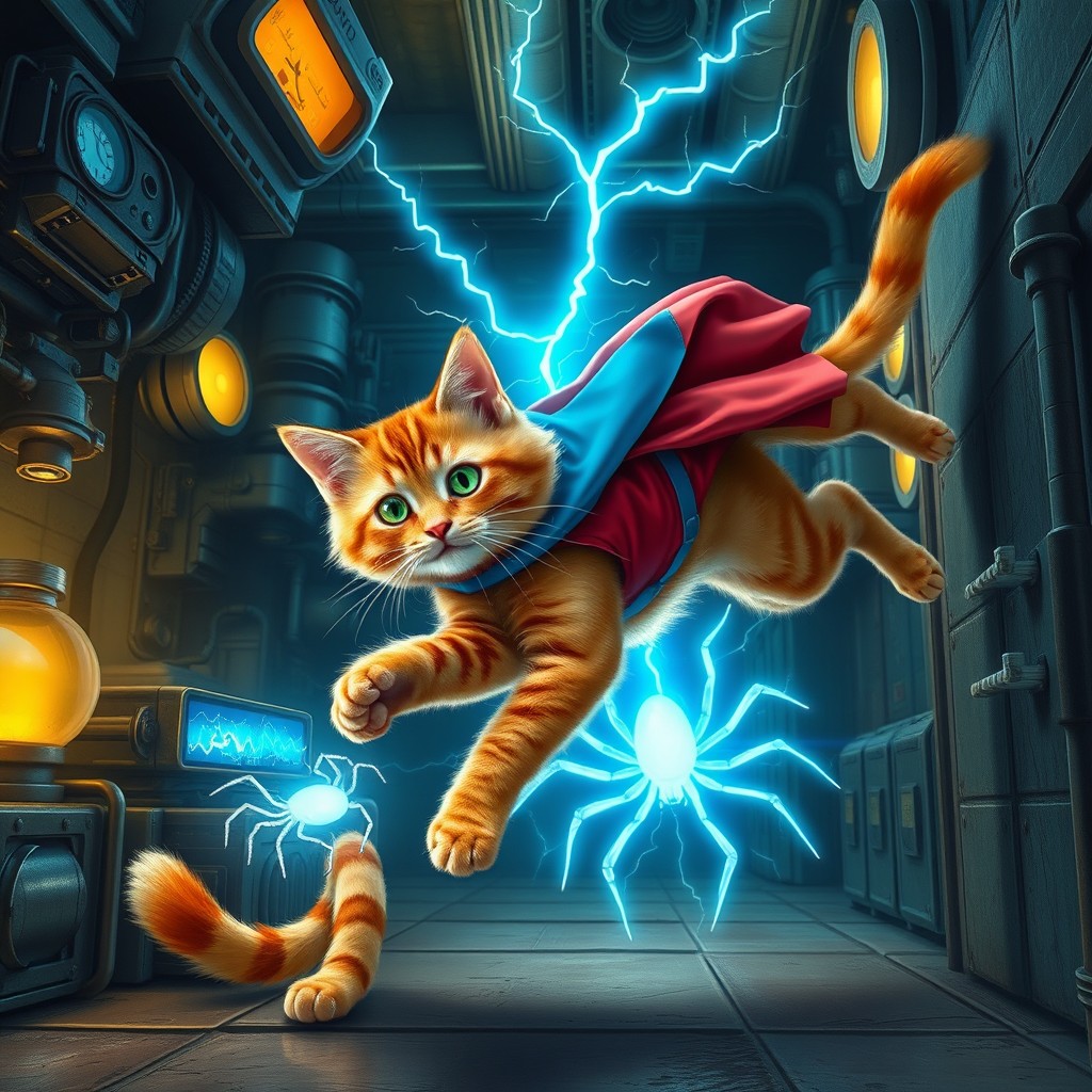 In a hidden lab filled with mysterious gadgets and glowing machinery, a stray cat named Tigger, with fluffy orange fur and bright green eyes, curiously paws at a glowing spider