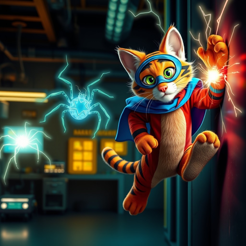 In a hidden laboratory illuminated by glowing lights, a stray orange cat named Tigger with bright green eyes is seen curiously pawing at a glowing, ethereal spider