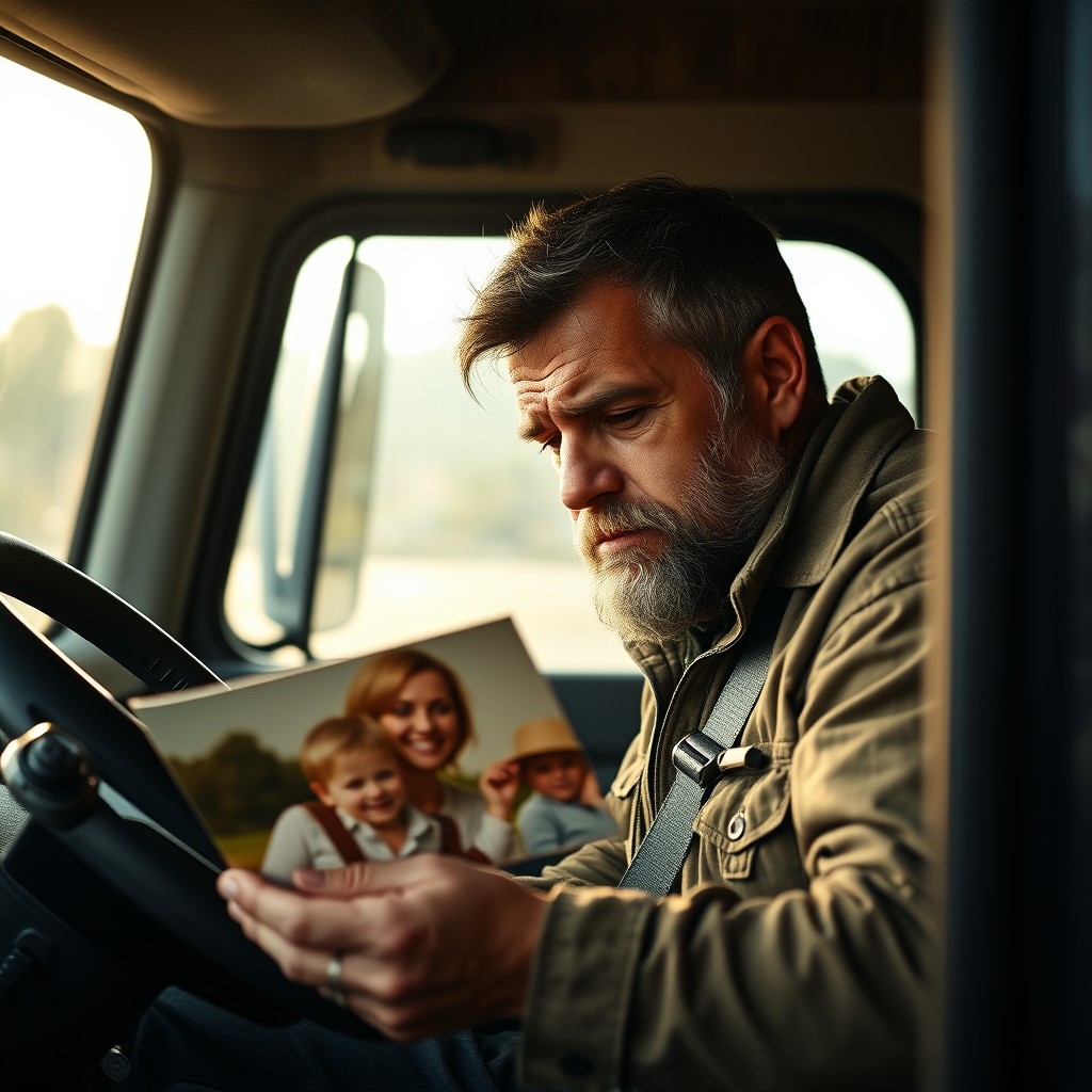 A truck driver sitting sadly in the cabin of his truck, looking at a photo of himself with his wife and a small boy