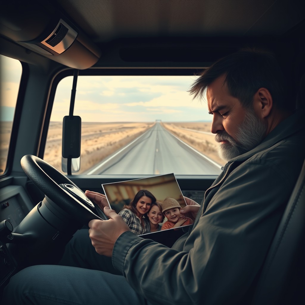 A truck driver sitting sadly in his cabin, gazing at a photo he holds in his hands