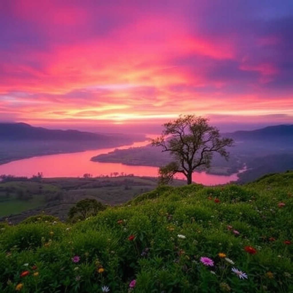 A majestic view of a serene landscape featuring a vibrant sunset over rolling hills, with a calm river reflecting the hues of pink, orange, and purple in the sky