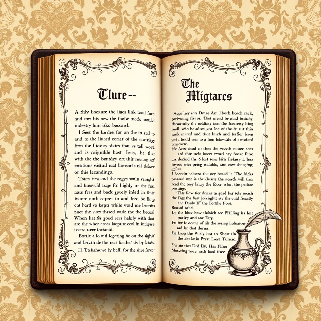 A beautifully designed book page showcasing a vintage aesthetic, with ornate borders, delicate embellishments, and a gothic font for the title