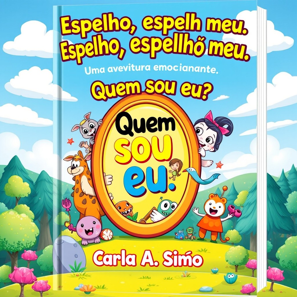 A vibrant and playful book cover for a children's adventure titled 'Espelho, espelho meu