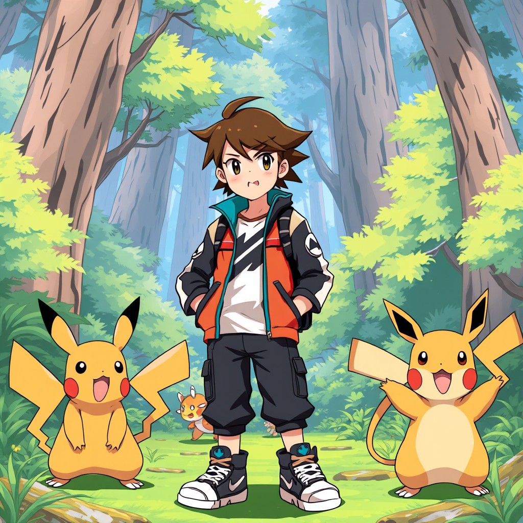 A dynamic anime-style illustration of a Pokémon trainer with brown short hair featuring a fade haircut