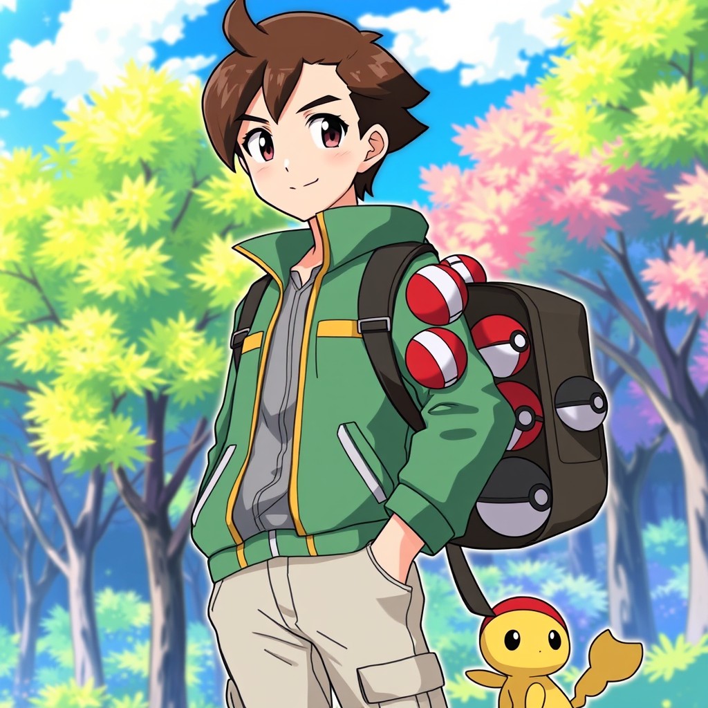 An anime-style Pokemon trainer with brown short hair featuring a fade haircut
