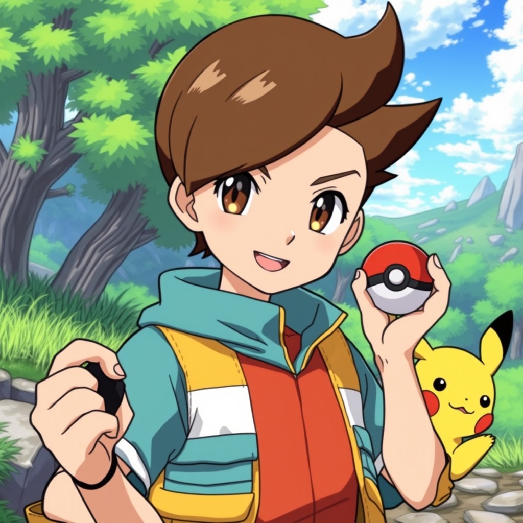 An anime-style Pokemon trainer with brown short hair featuring a stylish fade haircut